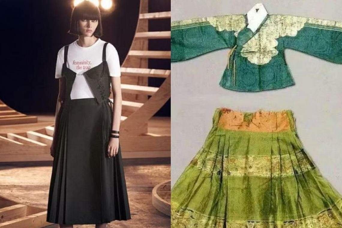 迪奥去年推出的一款半身裙(左),被中国网民指是抄袭传统服饰马面裙(右)。(迪奥官网/互联网)