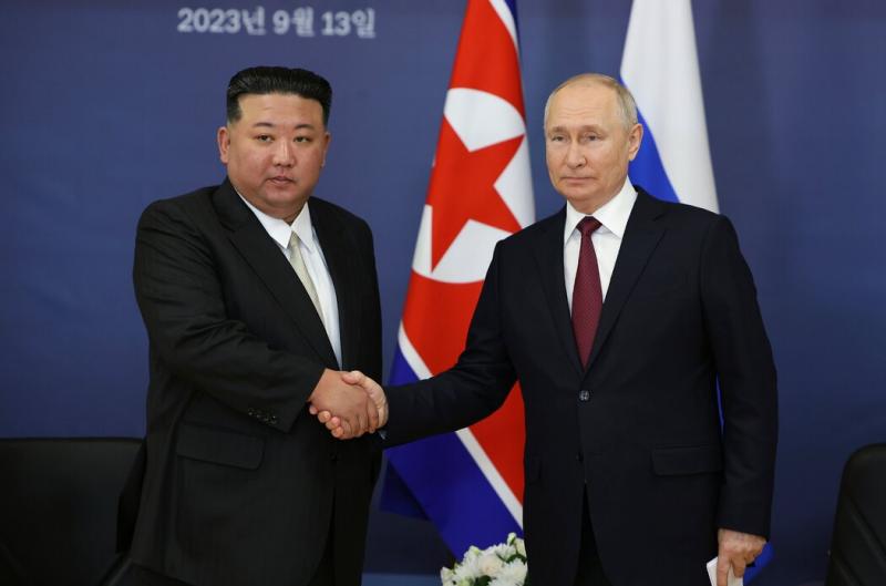 朝鲜领导人金正恩和俄罗斯总统普京在9月的一张官方新闻照片中。朝鲜一直在为俄罗斯提供武器。